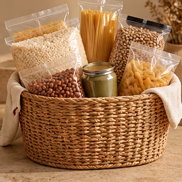 Cesta com arroz, feijão, macarrão e outros alimentos não perecíveis